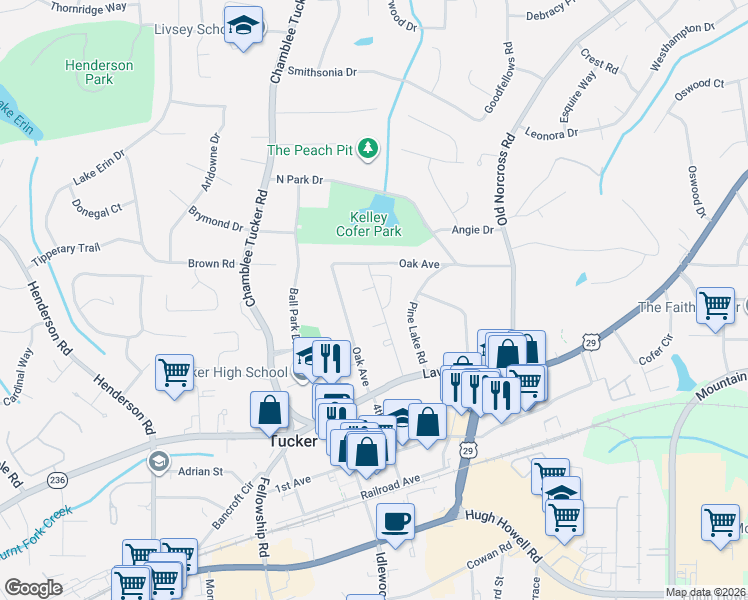 map of restaurants, bars, coffee shops, grocery stores, and more near 4325 Lehaven Circle in Tucker