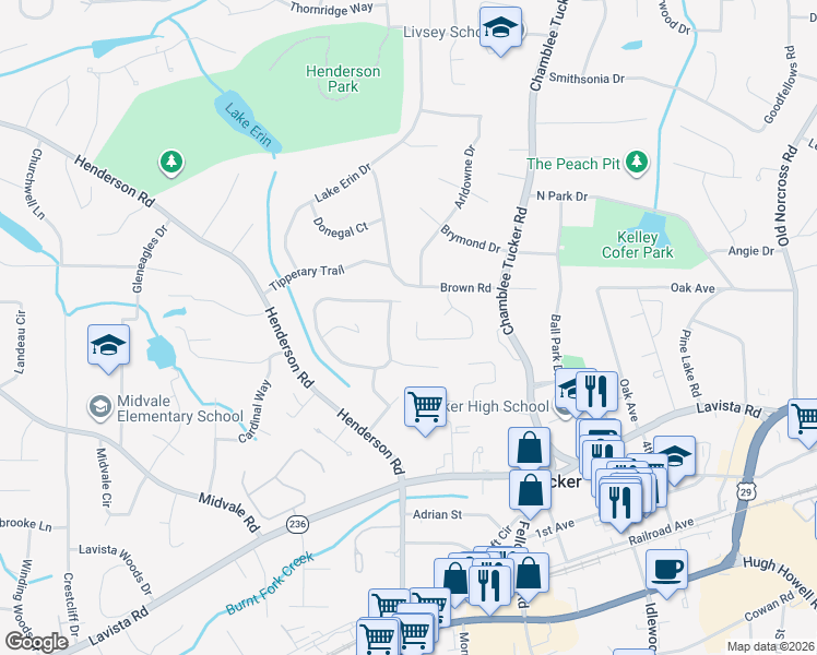 map of restaurants, bars, coffee shops, grocery stores, and more near 3802 Northlake Creek Drive in Tucker