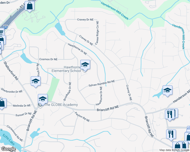 map of restaurants, bars, coffee shops, grocery stores, and more near 2508 Hawthorne Drive Northeast in Atlanta