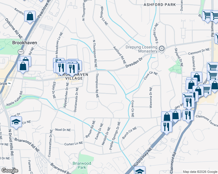map of restaurants, bars, coffee shops, grocery stores, and more near 1569 Milowyn Place Northeast in Atlanta