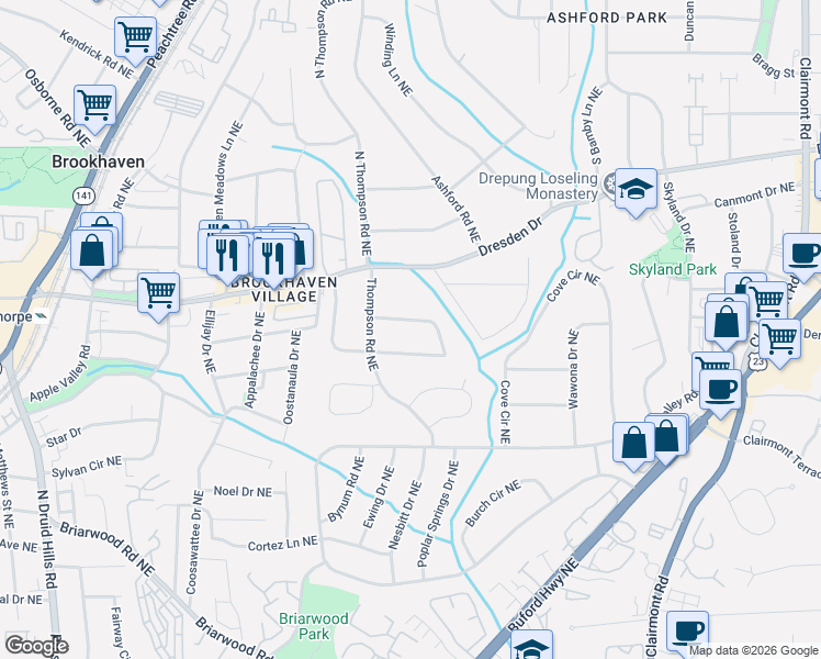 map of restaurants, bars, coffee shops, grocery stores, and more near 1549 Milowyn Place Northeast in Atlanta