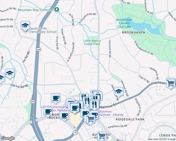 map of restaurants, bars, coffee shops, grocery stores, and more near 819 Carlton Ridge Northeast in Atlanta