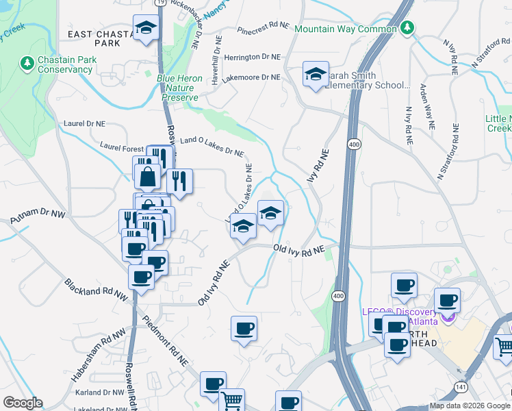 map of restaurants, bars, coffee shops, grocery stores, and more near 3873 Land O Lakes Drive Northeast in Atlanta