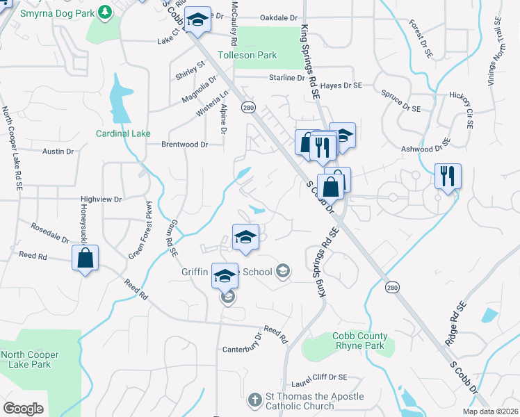map of restaurants, bars, coffee shops, grocery stores, and more near 406 Mill Pond Court Southeast in Smyrna