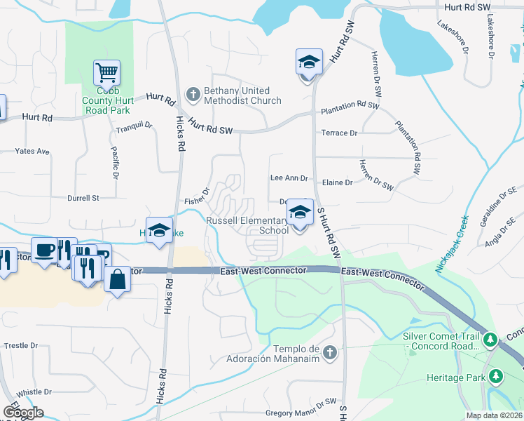 map of restaurants, bars, coffee shops, grocery stores, and more near 625 Aunt Lucy Lane in Smyrna