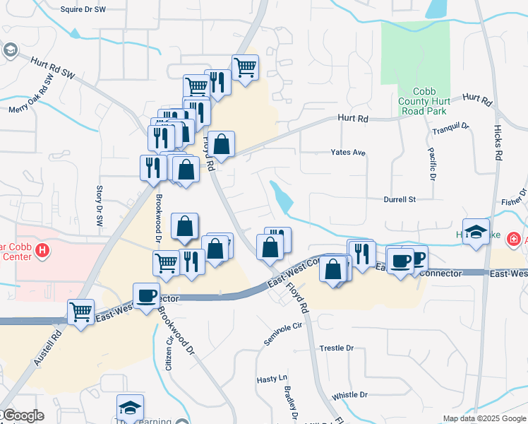 map of restaurants, bars, coffee shops, grocery stores, and more near 1320 Guilderoy Lane in Austell