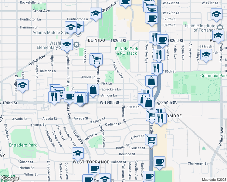 map of restaurants, bars, coffee shops, grocery stores, and more near 2722 Spreckels Lane in Redondo Beach