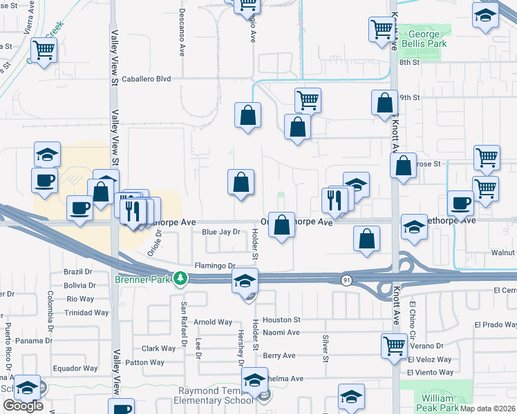 map of restaurants, bars, coffee shops, grocery stores, and more near 6941 Emerson Drive in Buena Park