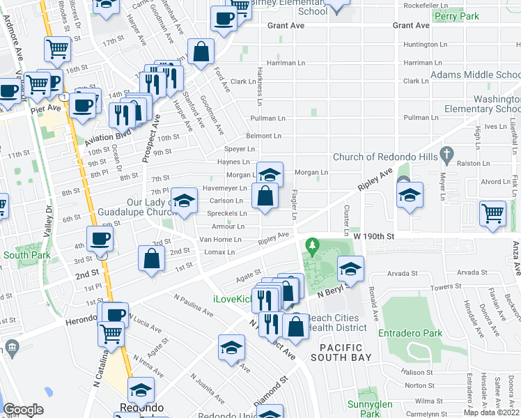 map of restaurants, bars, coffee shops, grocery stores, and more near Harkness Lane & Spreckels Lane in Redondo Beach