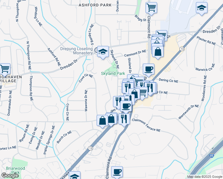 map of restaurants, bars, coffee shops, grocery stores, and more near 2511 Skyland Trail Northeast in Atlanta