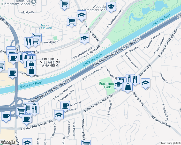 map of restaurants, bars, coffee shops, grocery stores, and more near 6195 East Camino Manzano in Anaheim