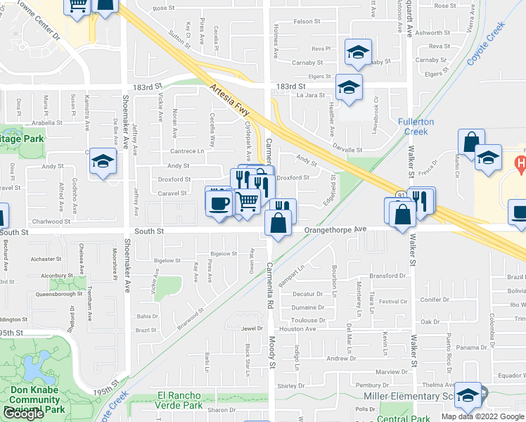 map of restaurants, bars, coffee shops, grocery stores, and more near 13357 South Street in Cerritos