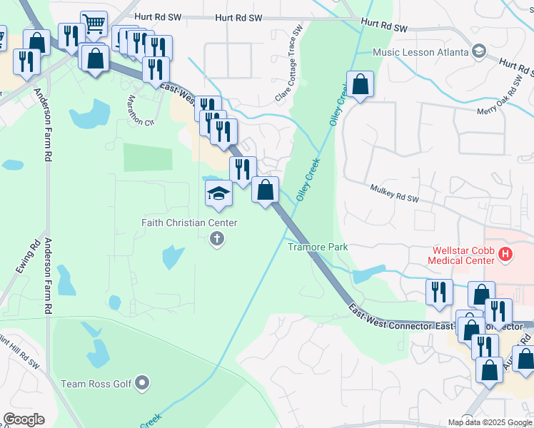 map of restaurants, bars, coffee shops, grocery stores, and more near 2255 East-West Connector in Austell