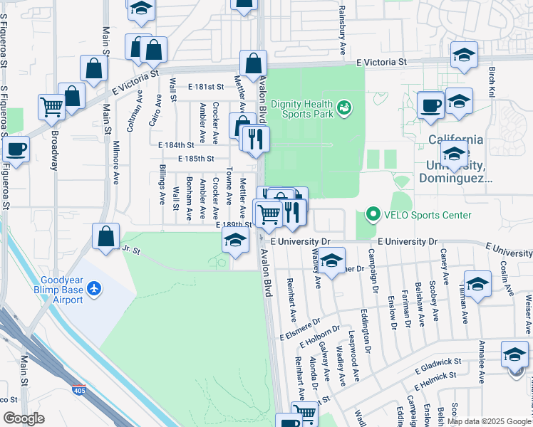 map of restaurants, bars, coffee shops, grocery stores, and more near 18906 South Avalon Boulevard in Carson