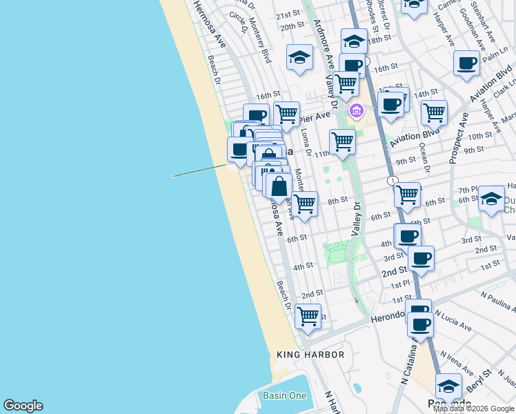 map of restaurants, bars, coffee shops, grocery stores, and more near 26 9th Street in Hermosa Beach