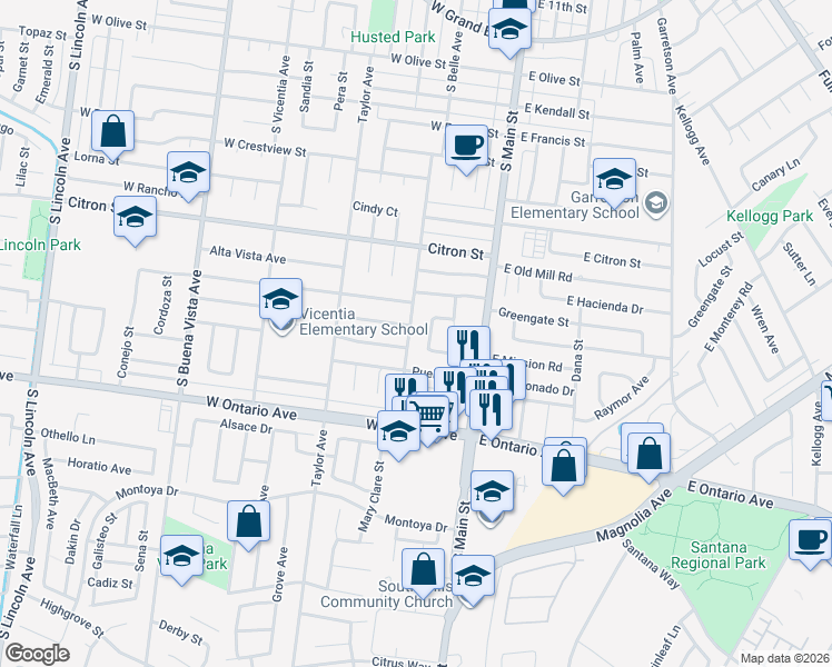 map of restaurants, bars, coffee shops, grocery stores, and more near 1943 South Belle Avenue in Corona