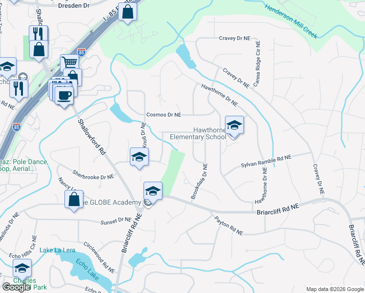 map of restaurants, bars, coffee shops, grocery stores, and more near 2513 Foster Ridge Court Northeast in Atlanta