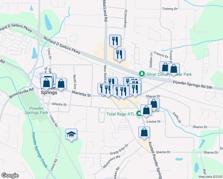 map of restaurants, bars, coffee shops, grocery stores, and more near 3848 Equity Lane in Powder Springs