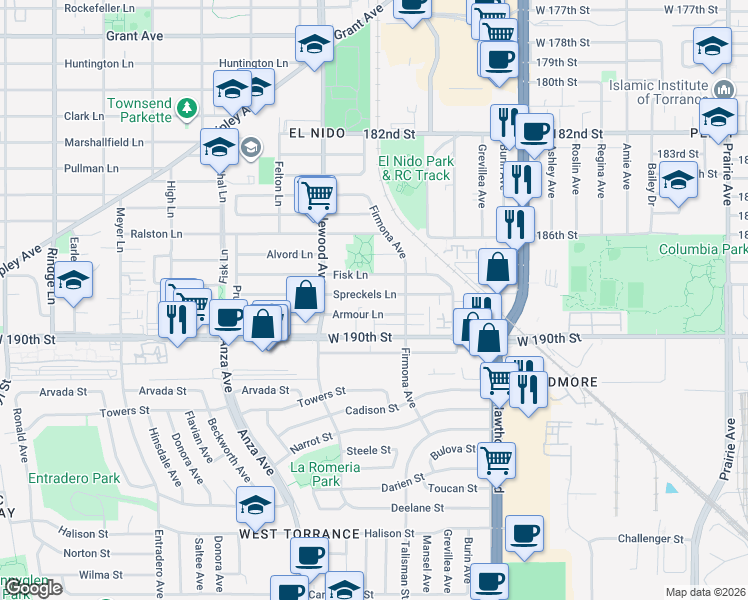 map of restaurants, bars, coffee shops, grocery stores, and more near 2722 Spreckels Lane in Redondo Beach