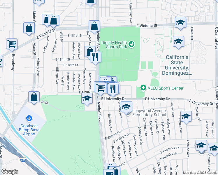 map of restaurants, bars, coffee shops, grocery stores, and more near 640 Loyola Avenue in Carson