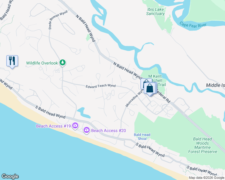 map of restaurants, bars, coffee shops, grocery stores, and more near 17 Ibis Roost in Bald Head Island