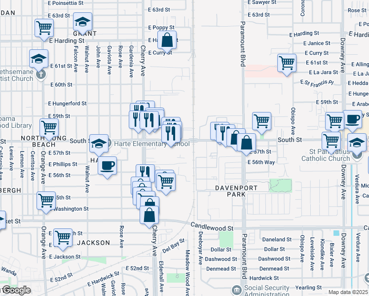 map of restaurants, bars, coffee shops, grocery stores, and more near 2220 E South St in Long Beach