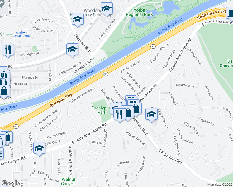 map of restaurants, bars, coffee shops, grocery stores, and more near 189 North Avenue Veracruz in Anaheim