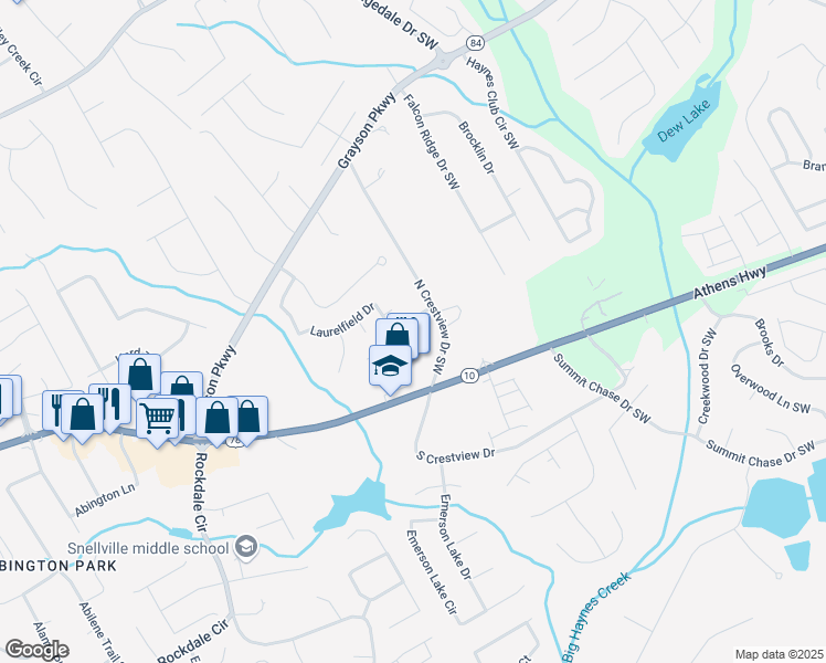 map of restaurants, bars, coffee shops, grocery stores, and more near 1720 Arborwood Drive in Grayson