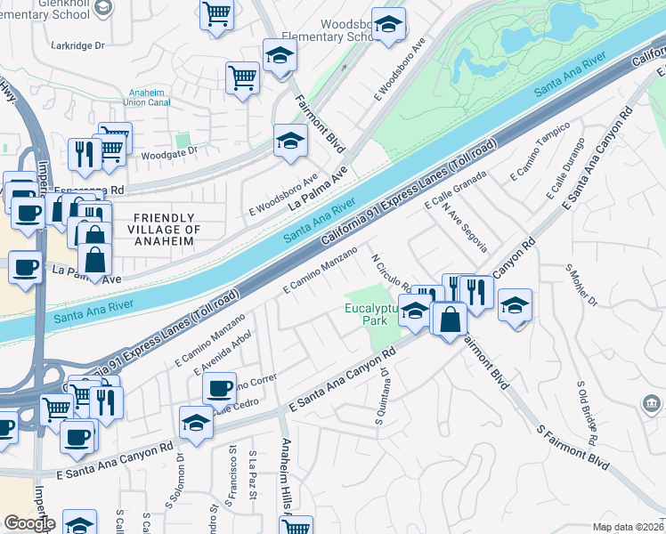 map of restaurants, bars, coffee shops, grocery stores, and more near 293 North Paseo De Juan in Anaheim