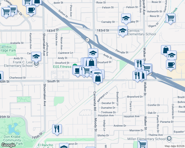 map of restaurants, bars, coffee shops, grocery stores, and more near 13357 South Street in Cerritos