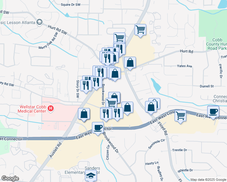 map of restaurants, bars, coffee shops, grocery stores, and more near 3805 Austell Road Southwest in Marietta
