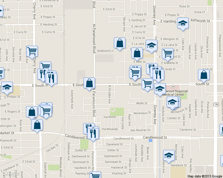 map of restaurants, bars, coffee shops, grocery stores, and more near 5710 Orizaba Avenue in Long Beach