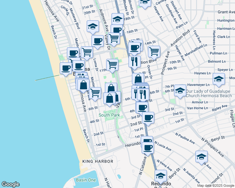 map of restaurants, bars, coffee shops, grocery stores, and more near 717 Valley Drive in Hermosa Beach