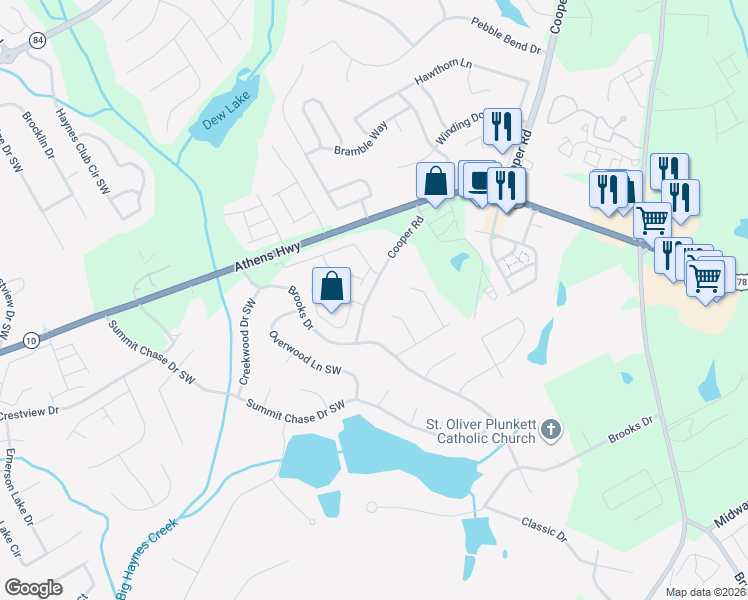 map of restaurants, bars, coffee shops, grocery stores, and more near 1282 Cooper Road in Snellville