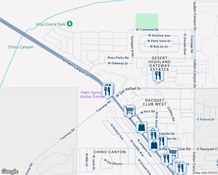 map of restaurants, bars, coffee shops, grocery stores, and more near 685 North Ashurst Court in Palm Springs