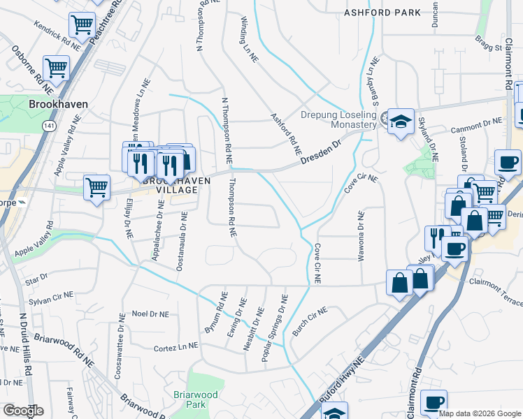 map of restaurants, bars, coffee shops, grocery stores, and more near 1569 Milowyn Place Northeast in Atlanta