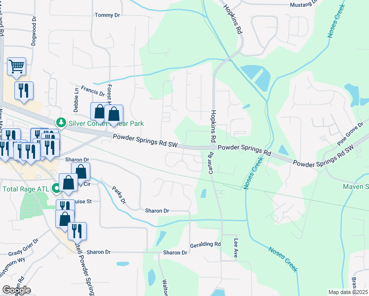 map of restaurants, bars, coffee shops, grocery stores, and more near 3625 Powder Springs Road Southwest in Powder Springs