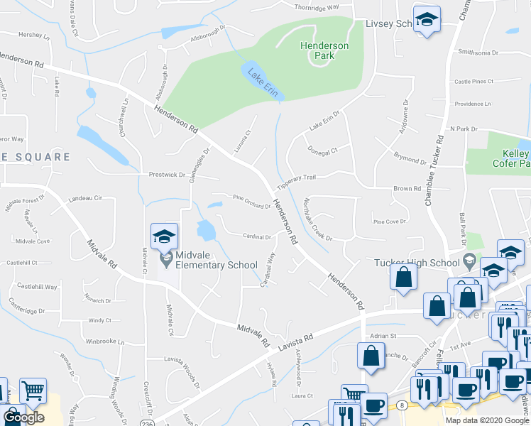 map of restaurants, bars, coffee shops, grocery stores, and more near 2999 Pine Orchard Drive in Tucker