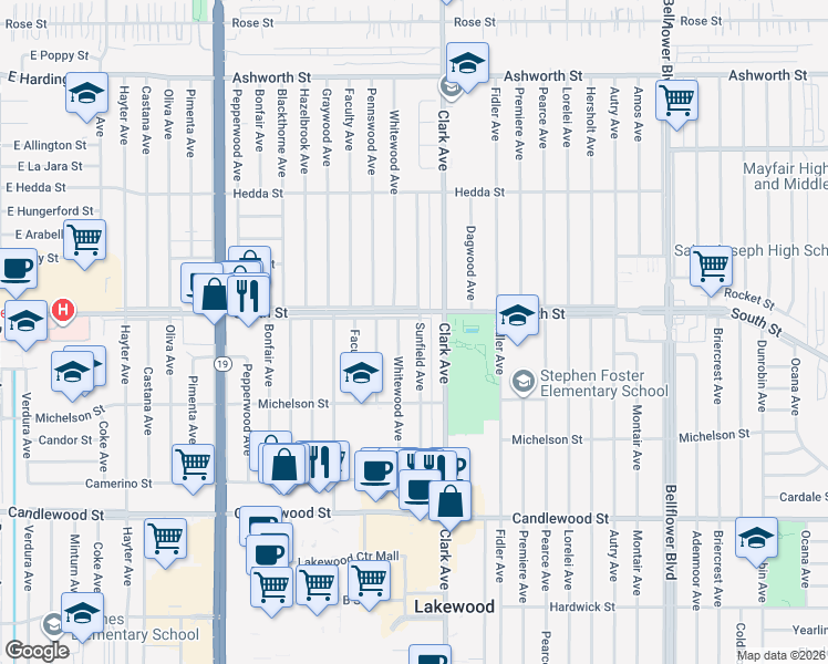 map of restaurants, bars, coffee shops, grocery stores, and more near 5728 Whitewood Avenue in Lakewood