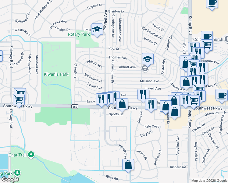 map of restaurants, bars, coffee shops, grocery stores, and more near 4447 Cunningham Drive in Wichita Falls