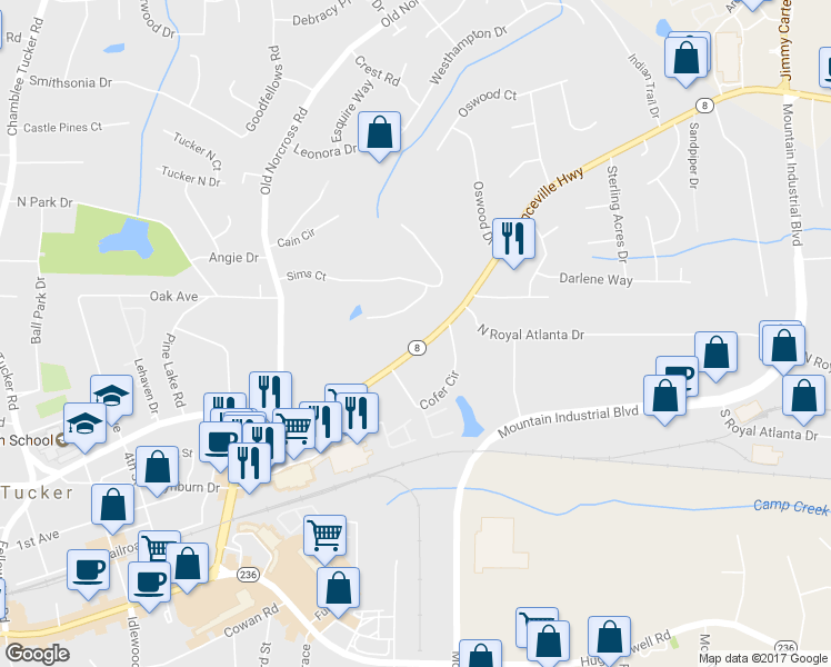 map of restaurants, bars, coffee shops, grocery stores, and more near 4514 Lawrenceville Highway in Tucker