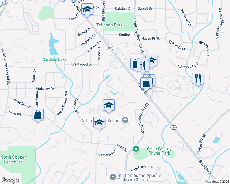 map of restaurants, bars, coffee shops, grocery stores, and more near 610 Mill Pond Drive in Smyrna