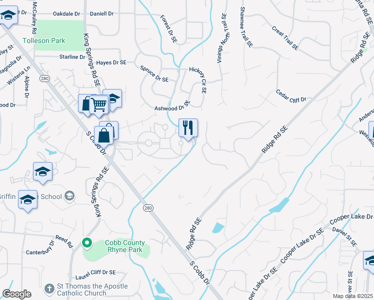 map of restaurants, bars, coffee shops, grocery stores, and more near 3809 Palace Lane Southeast in Smyrna