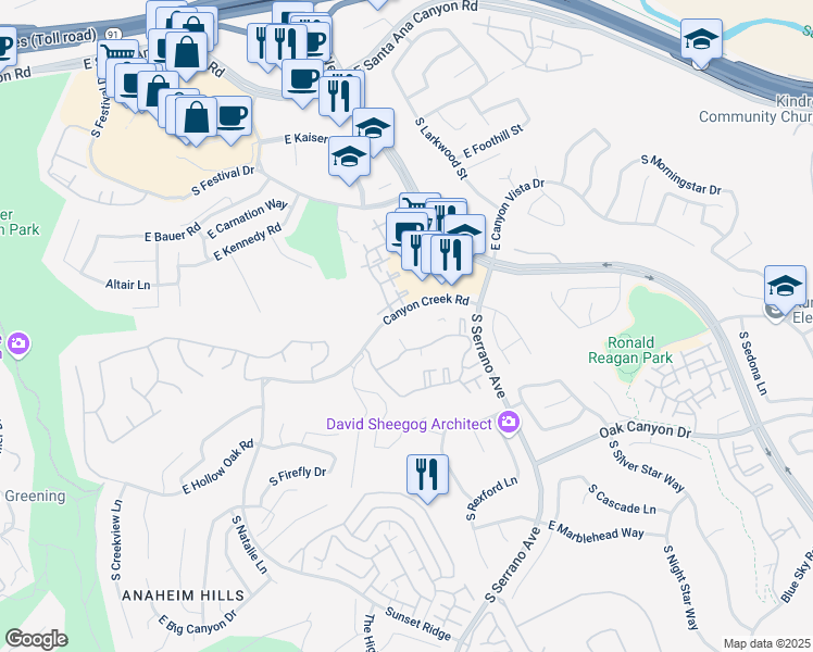 map of restaurants, bars, coffee shops, grocery stores, and more near 8243 East Blackwillow Circle in Anaheim