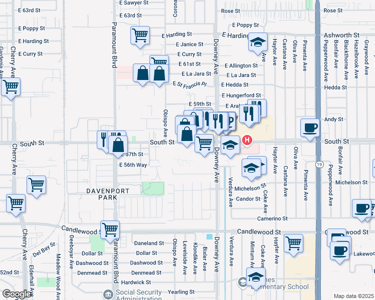 map of restaurants, bars, coffee shops, grocery stores, and more near 3300 East South Street in Long Beach