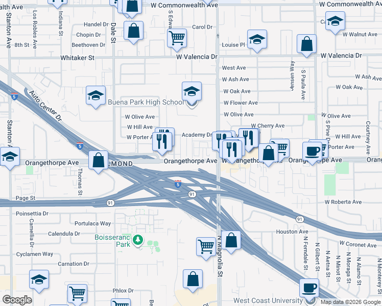 map of restaurants, bars, coffee shops, grocery stores, and more near 6956 Faculty Circle in Buena Park