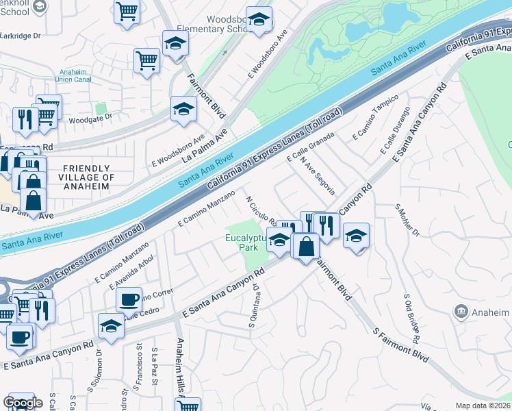 map of restaurants, bars, coffee shops, grocery stores, and more near 6279 East Paseo Canoa in Anaheim