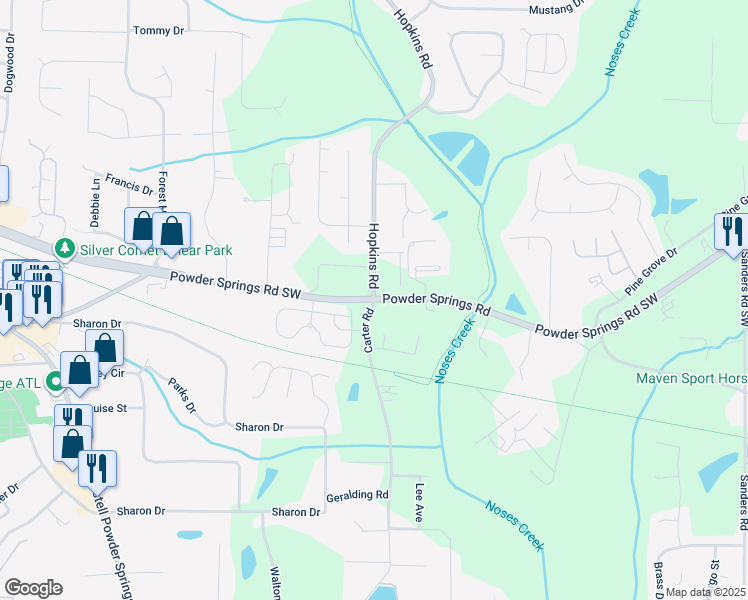 map of restaurants, bars, coffee shops, grocery stores, and more near 3605 Powder Springs Road Southwest in Powder Springs