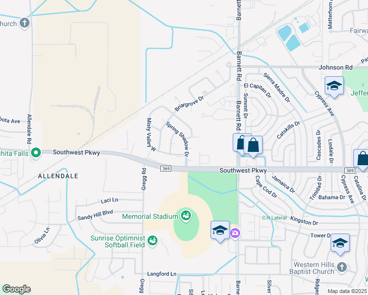 map of restaurants, bars, coffee shops, grocery stores, and more near 4620 Spring Shadow Drive in Wichita Falls