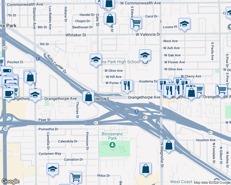 map of restaurants, bars, coffee shops, grocery stores, and more near 8648 Auto Center Drive in Buena Park
